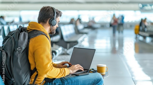 Business traveler focused on laptop in airport terminal with headphones, backpack and coffee cup, showcasing work-life balance and modern travel lifestyle