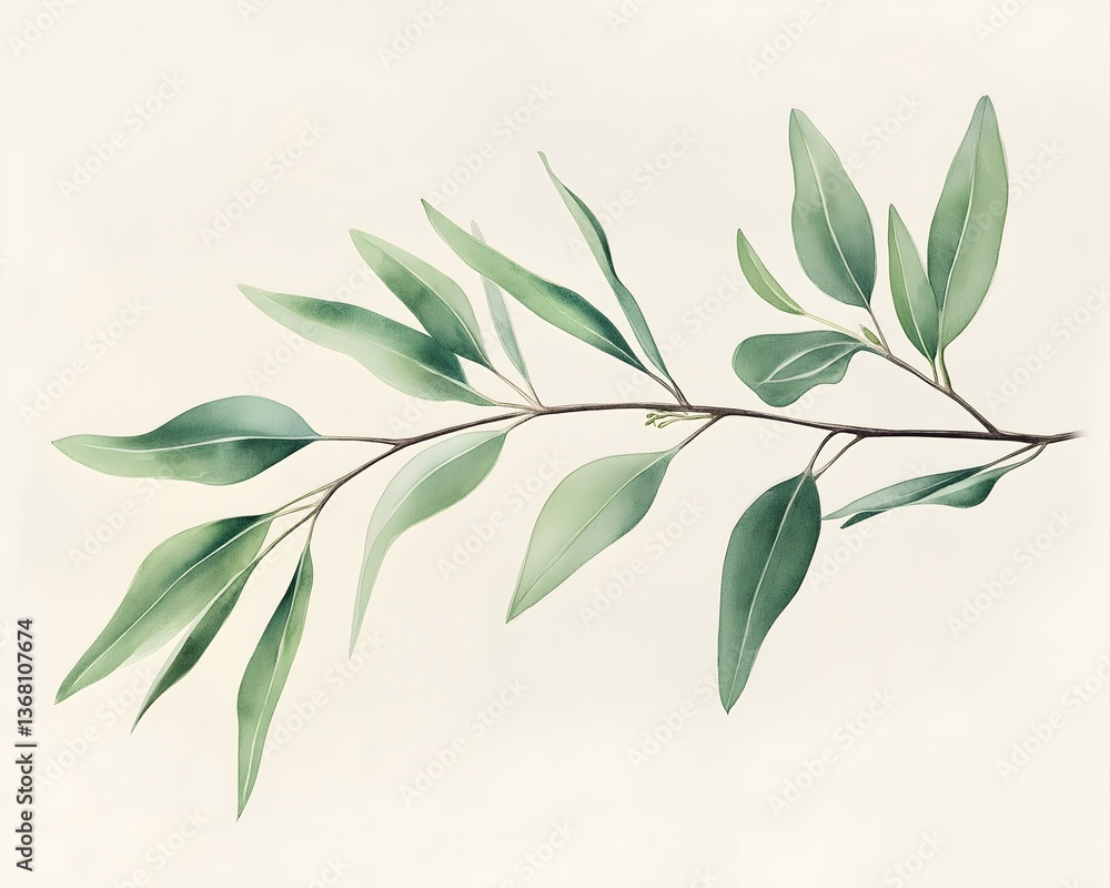 Watercolor Eucalyptus Branch with Green Leaves on Light Background Watercolor Eucalyptus Branch with Green Leaves on Light Background