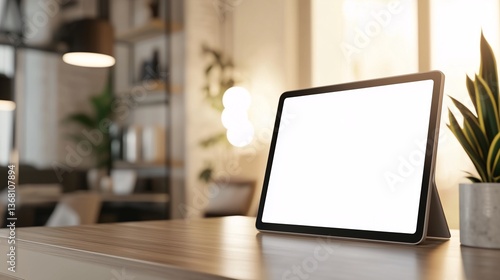 Wallpaper Mural Blank-screen tablet resting on rustic wooden surface, representing minimalist home interior with soft ambient lighting Torontodigital.ca