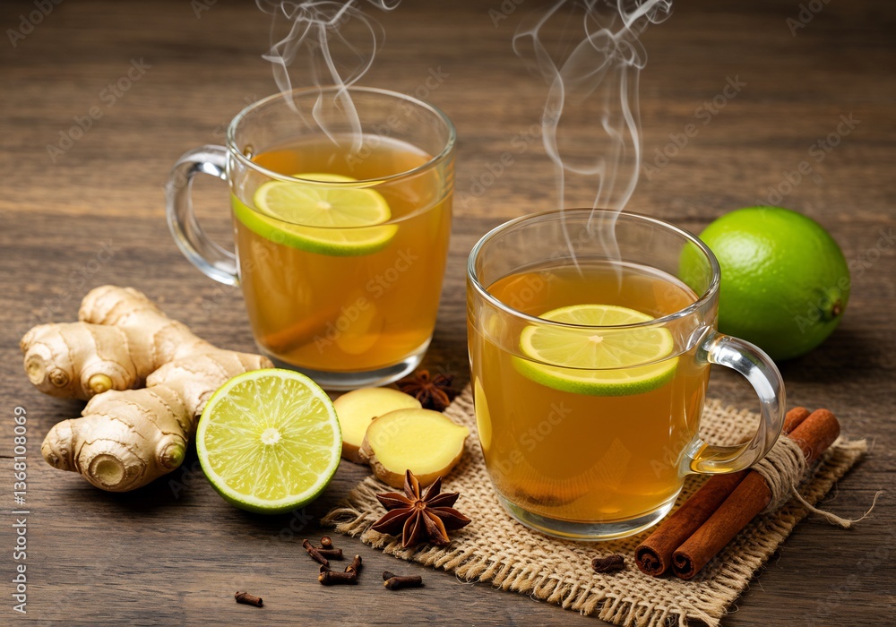 Warm Ginger Lime Tea Steaming Aromatic Drink. AI Generated Warm Ginger Lime Tea Steaming Aromatic Drink. AI Generated