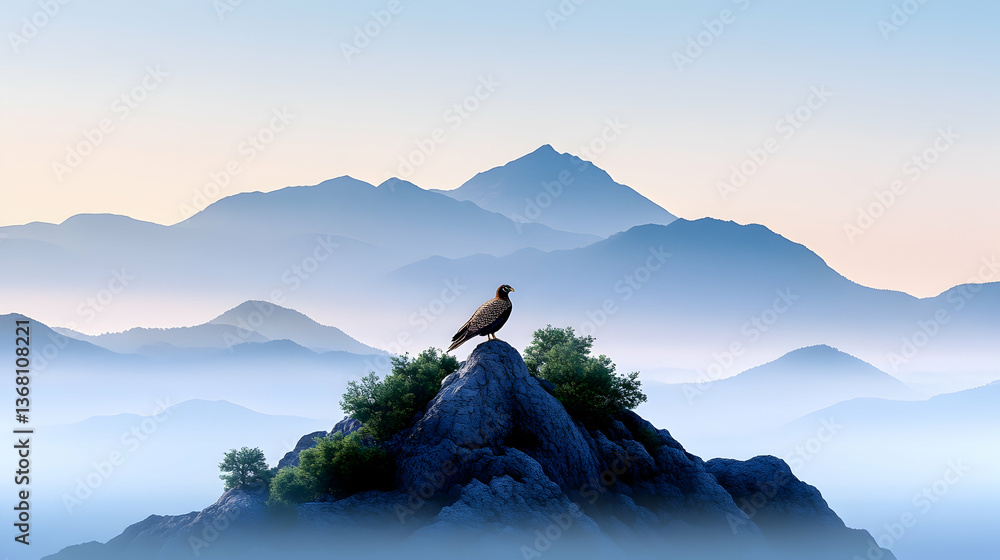 Fototapeta premium Majestic bird perched atop a misty mountain peak at sunrise