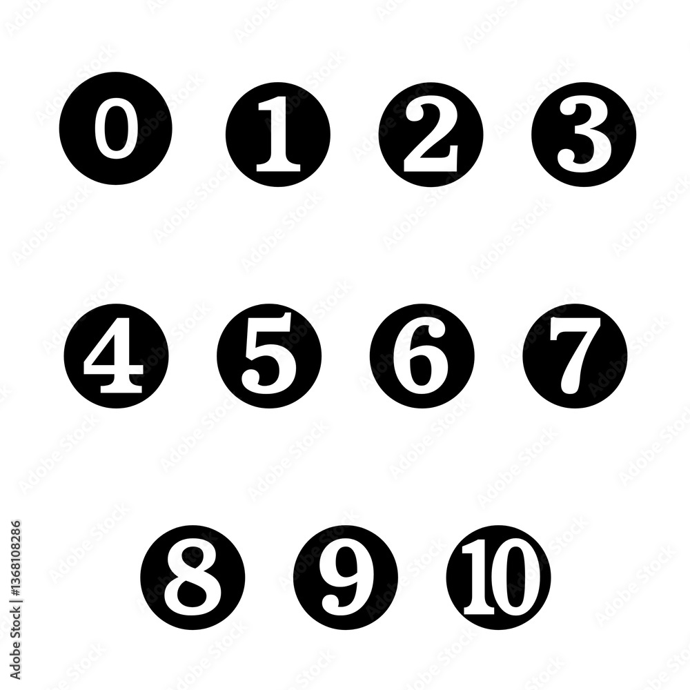 Numbers symbols. Number buttons set icons in black and white colors. Set of Round 0 to 10 numbers icon. vector illustration. Numbers symbols. Number buttons set icons in black and white colors. Set of Round 0 to 10 numbers icon. vector illustration.