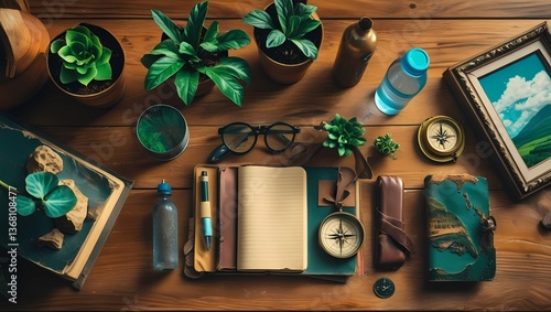 Workspace with Books, Plants, and Journal – Productivity Concept