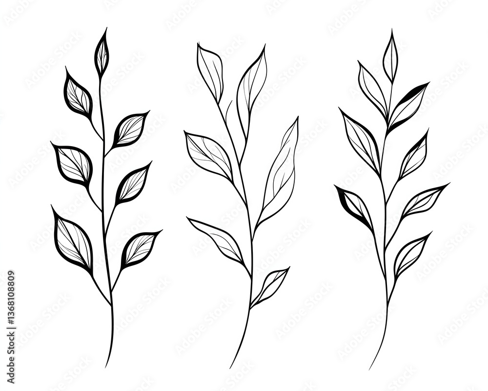 Fototapeta premium Three Minimalist Black and White Leaf Branch Drawings on White