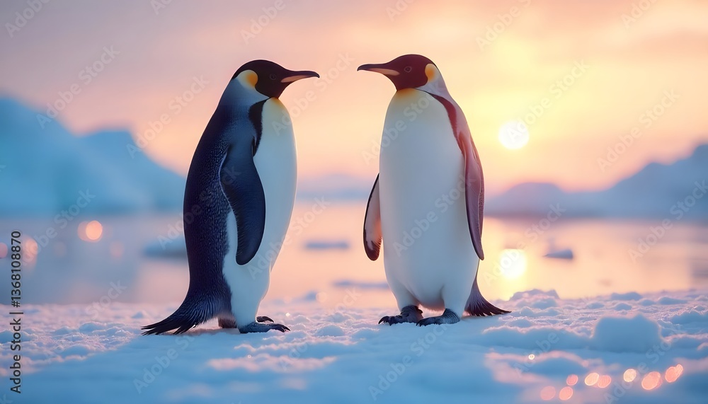 Fototapeta premium Two Emperor Penguins at Sunset on Snowy Landscape