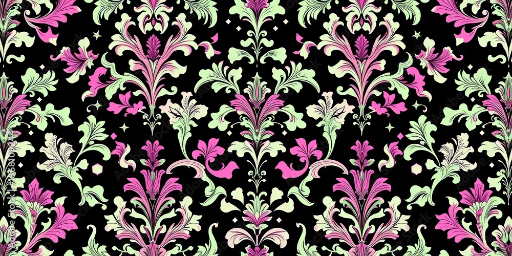 Neon black damask floral pattern; Victorian-style seamless wallpaper textile design, illustration, victorian
