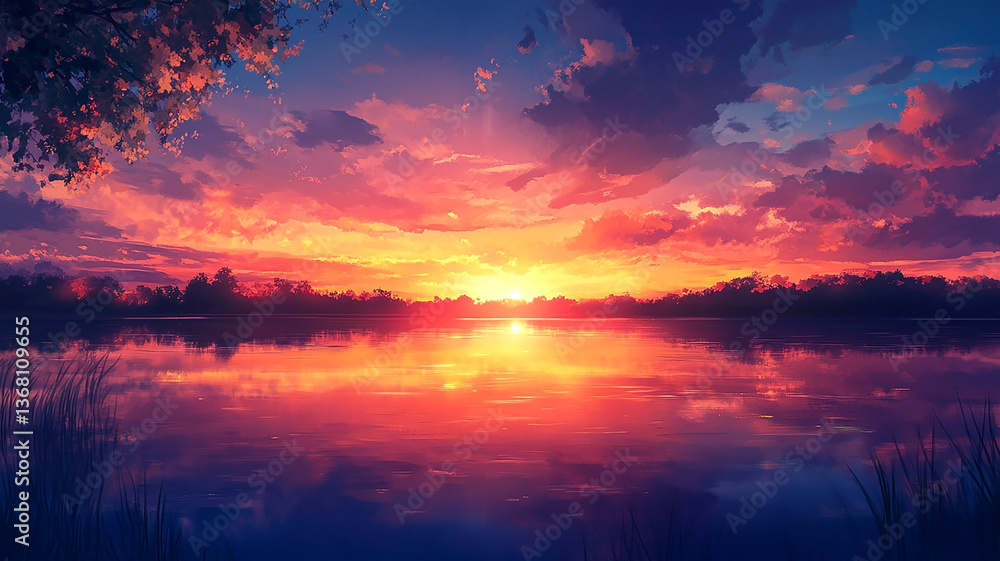 Fototapeta premium Aesthetic wallpaper of a vibrant sunset over a tranquil lake, with the sky in shades of orange, pink, and purple, beautifully reflected in the water. Perfect for social media post designs.