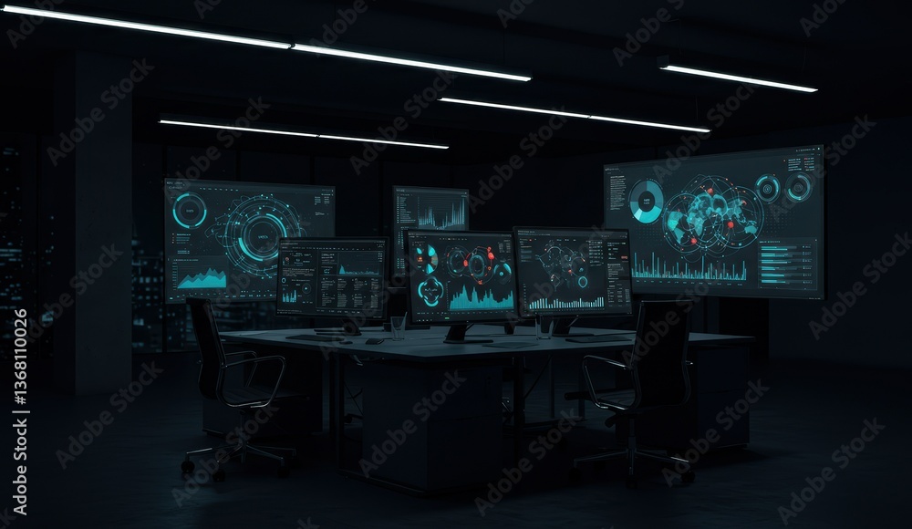 Naklejka premium Futuristic office with high-tech monitors displaying data analytics in a dark environment, focusing on technology.