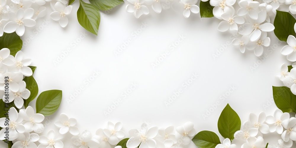 Fototapeta premium White blank paper surrounded by white flowers and green leaves on a white background, creating 