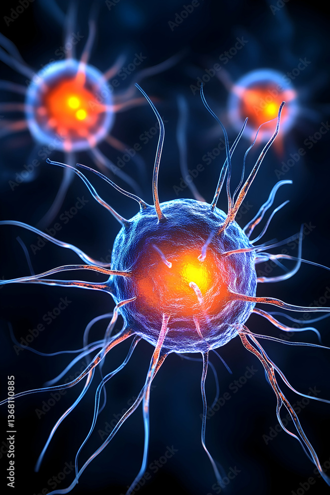 Microscopic view of glowing, spiky cells in dark background Microscopic view of glowing, spiky cells in dark background