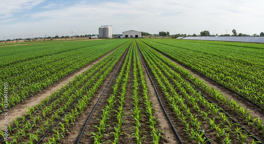 Vibrant green rows stretch across sunlit farmland. AI Generated Vibrant green rows stretch across sunlit farmland. AI Generated