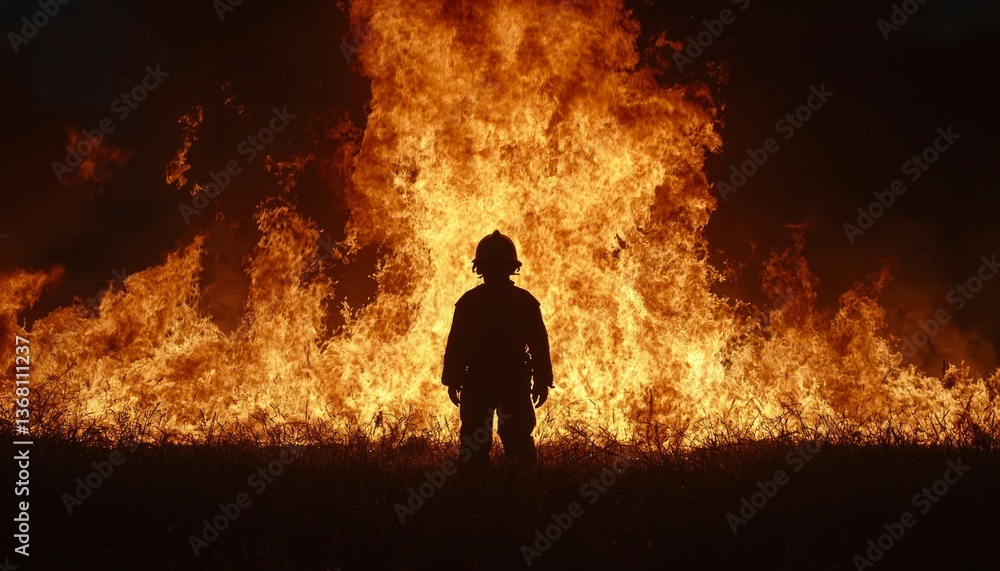Fiery silhouette of a worker against an inferno. Courage and risk in a dangerous setting Fiery silhouette of a worker against an inferno. Courage and risk in a dangerous setting