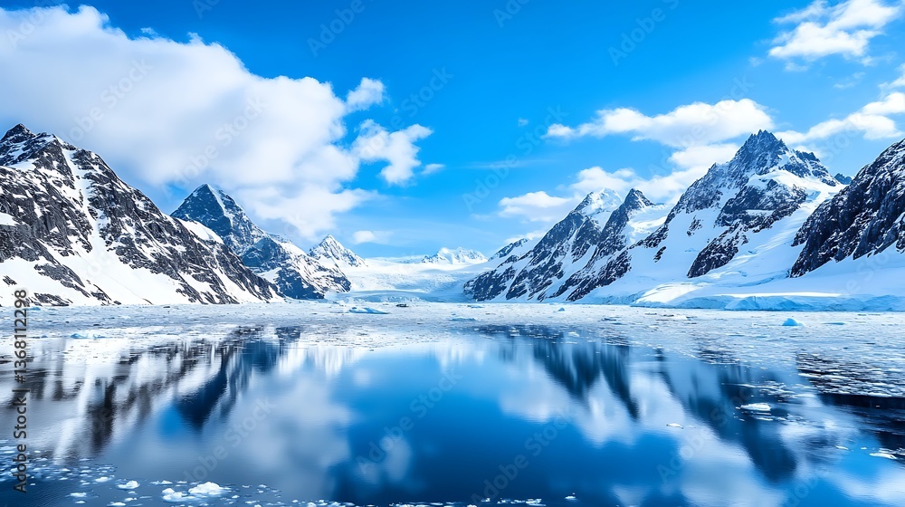 Fototapeta premium Antarctic Mountain Reflection Serene Blue Water, Snow Peaks, and Ice Floes