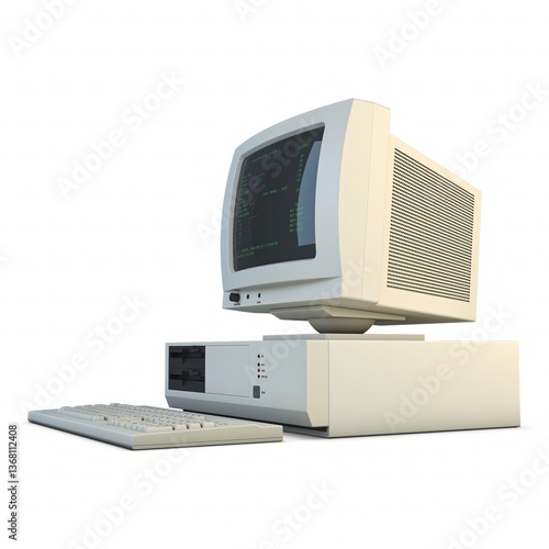 Illustration 3D Retro Personal Computer with Monitor and Keyboard