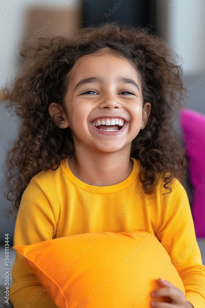 Young girl with curly hair laughs joyfully while holding a bright orange pillow indoors Young girl with curly hair laughs joyfully while holding a bright orange pillow indoors
