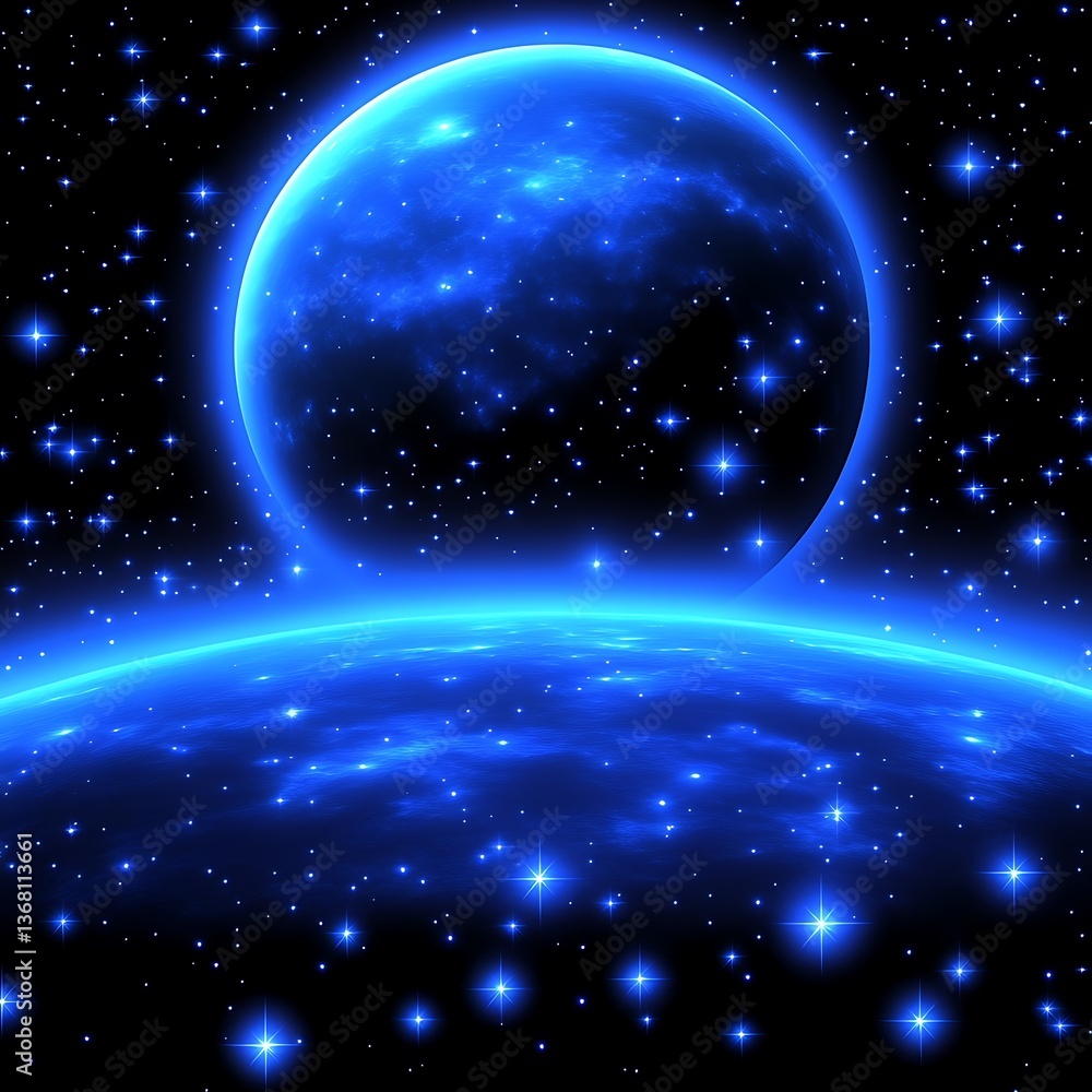Obraz premium Glowing blue planet with stars in a dark cosmic sky