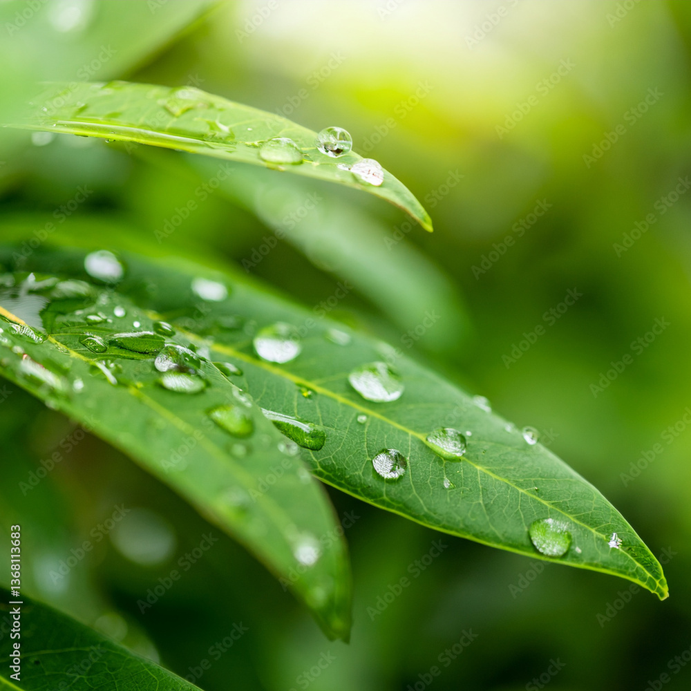 葉っぱの上の水滴、雨上がりの庭の植物に水玉のクローズアップ 葉っぱの上の水滴、雨上がりの庭の植物に水玉のクローズアップ
