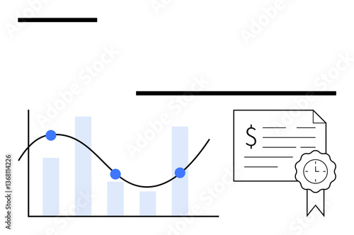 Bar graph with line trend highlighting data points, financial certificate with clock symbol. Ideal for finance, data analysis, performance tracking, investment, statistics, economic reports