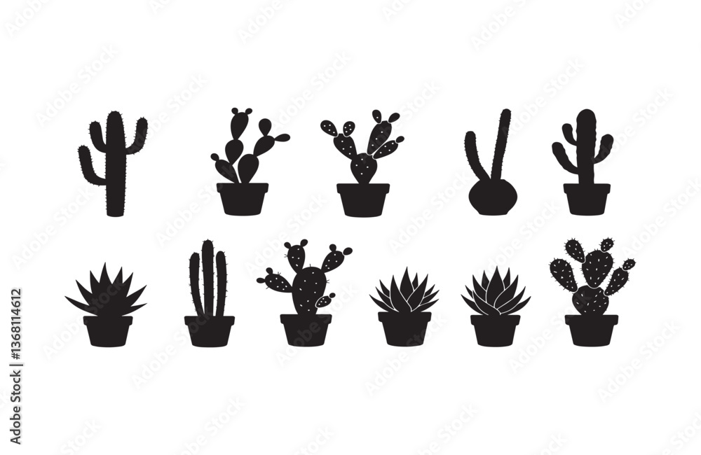 Fototapeta premium Cactus Silhouette Elements Succulent Plant Shapes