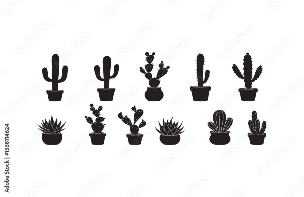 Fototapeta premium Cactus Silhouette Elements Succulent Plant Shapes