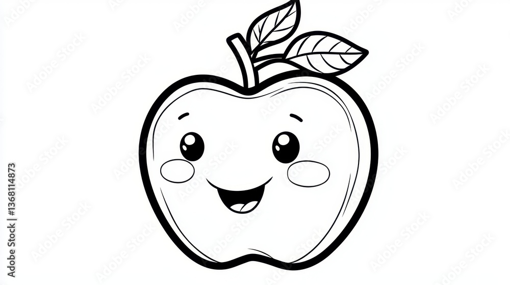 Obraz premium Happy Cartoon Apple with Face and Leaves for Coloring Fun