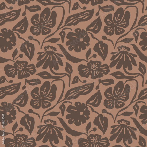 Brush strokes inky flowers brown seamless pattern. Abstract floral contemporary background. Textured botanical minimalist wallpaper