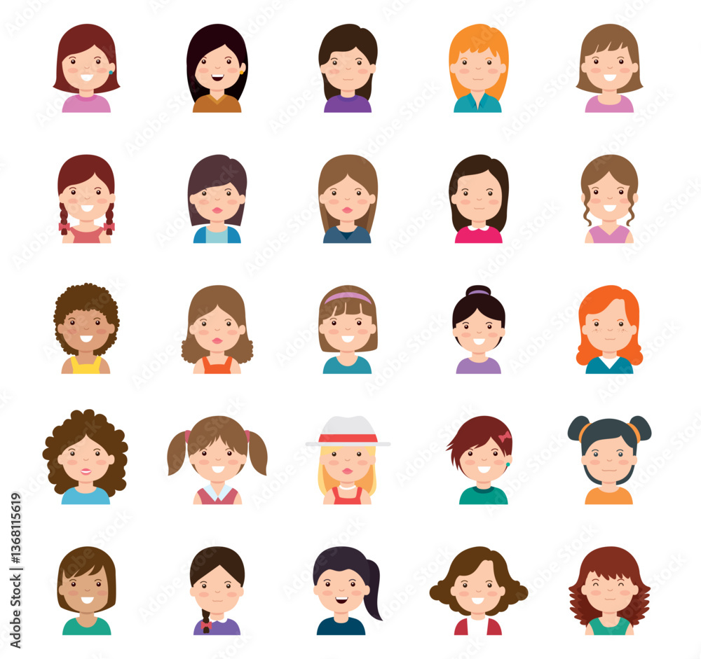 Vector icon set of girls icons on a white background Vector icon set of girls icons on a white background