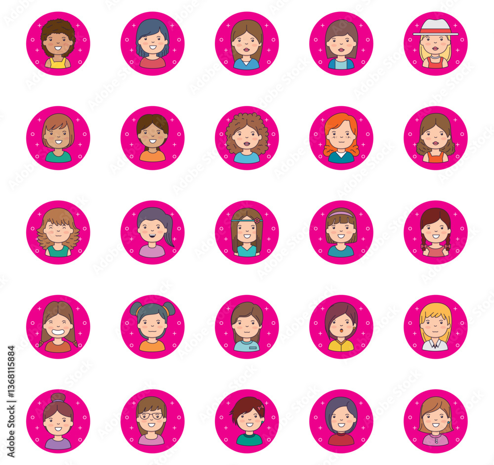 Set of vector icons of girls with a purple background inside a circle Set of vector icons of girls with a purple background inside a circle