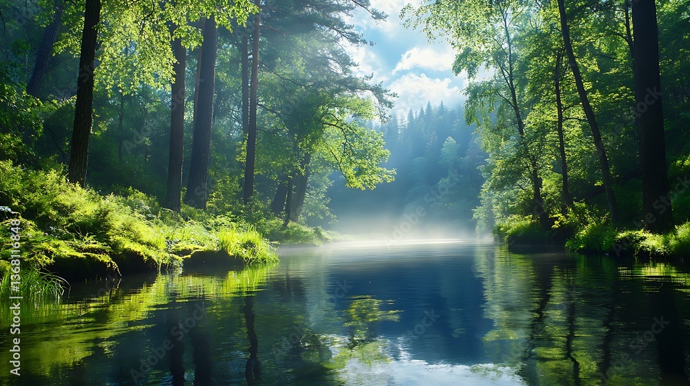 Fototapeta premium Misty River in a Sunlit Green Forest