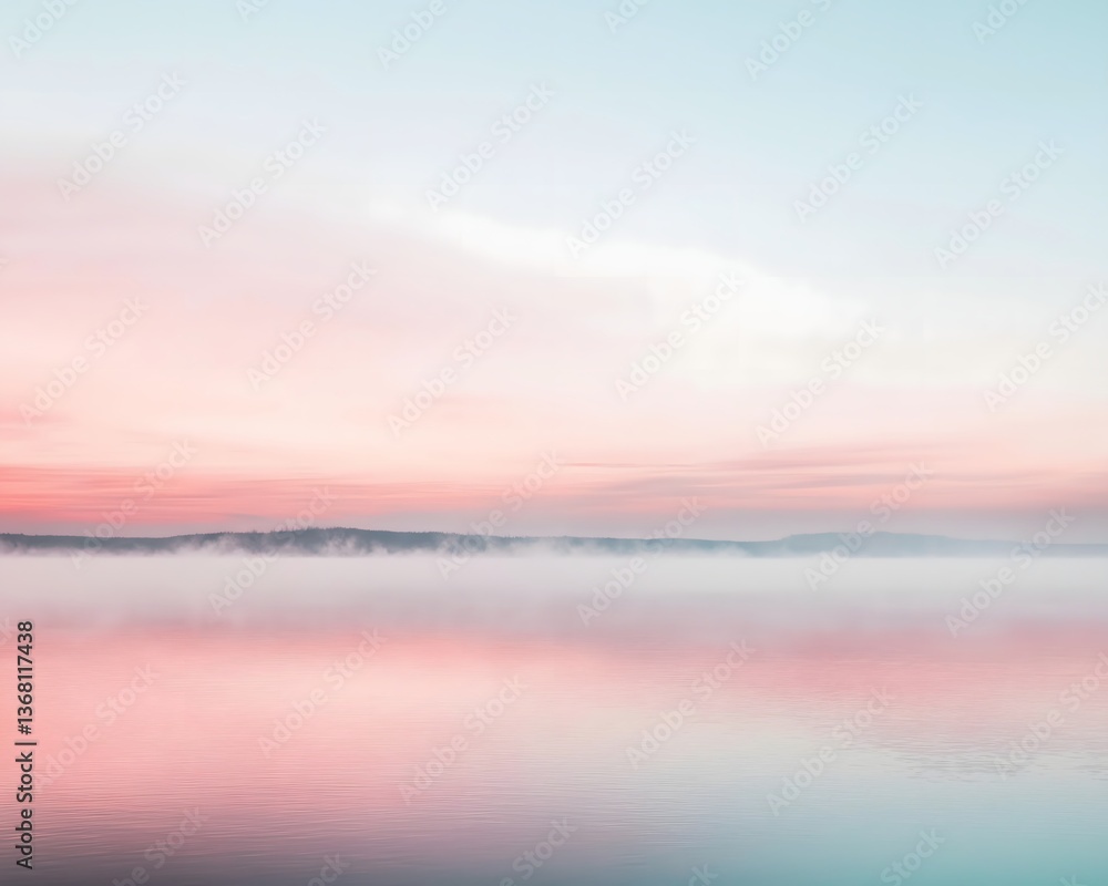 Fototapeta premium Pink Sunset Fog over Water, Tranquil Landscape Reflecting Hues