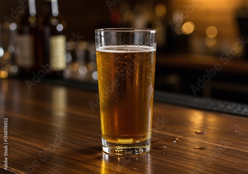 Golden beer sits invitingly on dark wood bar. AI Generated