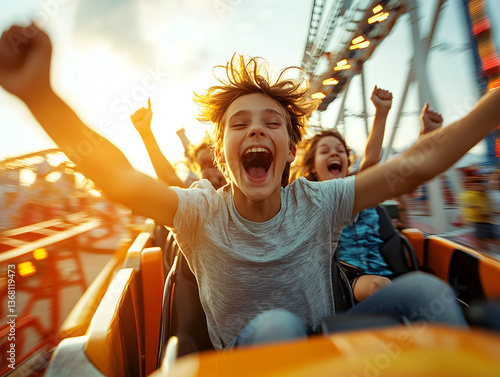 Excited Teens Enjoying a Roller Coaster Ride at Sunset
