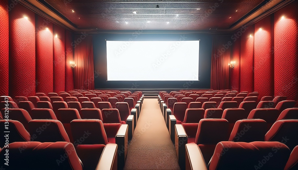 cinema auditorium with red seats and white screen on the wall cinema auditorium with red seats and white screen on the wall