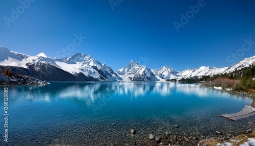 serene lakeside landscape featuring majestic snow capped mountains beneath a clear blue sky