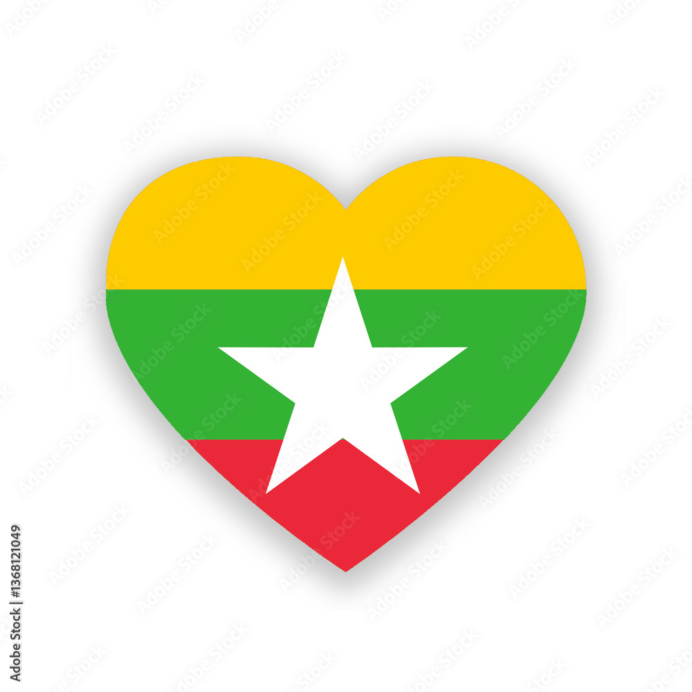 Myanmar national flag in heart shape isolated on white. Illustration Myanmar national flag in heart shape isolated on white. Illustration