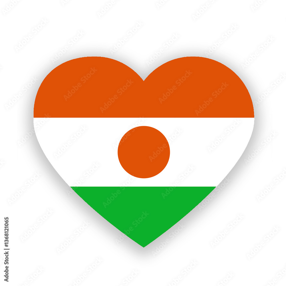 Niger national flag in heart shape isolated on white. Illustration Niger national flag in heart shape isolated on white. Illustration