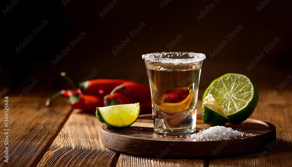 top tequila served with lime and salt on a wooden table with pepper top tequila served with lime and salt on a wooden table with pepper