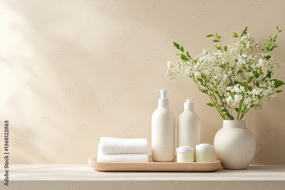 Relaxing spa essentials arrangement tranquil home setting product display minimalist design aesthetic viewpoint wellness concept Relaxing spa essentials arrangement tranquil home setting product display minimalist design aesthetic viewpoint wellness concept