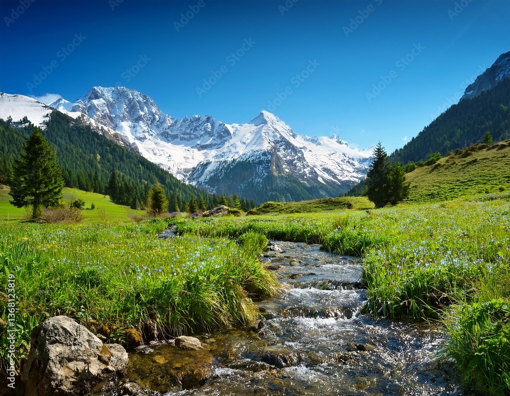 Obraz premium alpine meadow stream and majestic snow capped mountains
