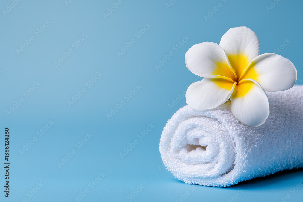 Rolled Towel With Plumeria Flower on Calming Blue Background Creating a Relaxing Atmosphere for Spa or Bathroom Decor Rolled Towel With Plumeria Flower on Calming Blue Background Creating a Relaxing Atmosphere for Spa or Bathroom Decor