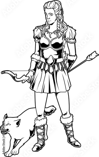 Skadi, Göttin der Jagd und des Winters, steht mit Bogen und Pfeil an der Seite eines Raubtiers – wild, stolz und unbeugsam.