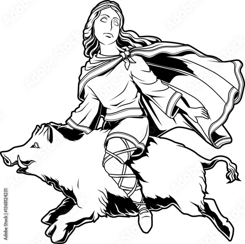 Freyr, der nordische Gott des Wachstums und Friedens, reitet majestätisch auf seinem Eber Gullinborsti durch die Lüfte.