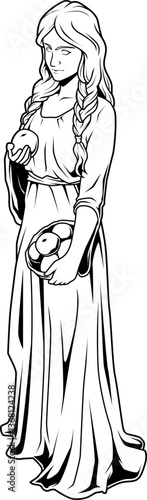 Idun, Hüterin der Jugendäpfel, steht mit langem Zopf und Gewand – Symbol für ewige Jugend und Erneuerung.