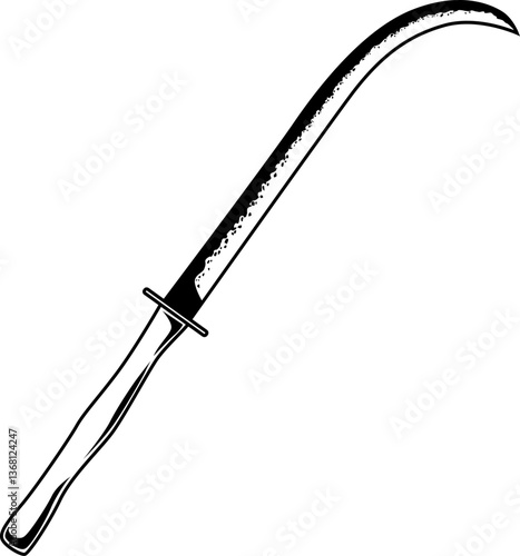 Historische Falx mit stark gebogener Klinge und langem Griff – antike Waffe der Thraker und Daker, bekannt für ihre Durchschlagskraft.