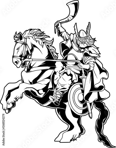 Wikingerkrieger Gott Heimdall mit Flügelhelm und Horn reitet in dynamischer Pose auf kampfbereitem Pferd in Schwarz-Weiß.