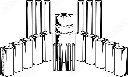 Traditionelles Kubb-Set mit König, Kubbs und Wurfhölzern in geometrischer Anordnung – nordisches Outdoor-Wurfspiel.