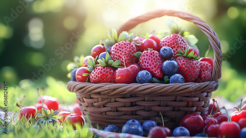 Wicker basket filled with fresh strawberries, cherries, and blueberries on a summer picnic