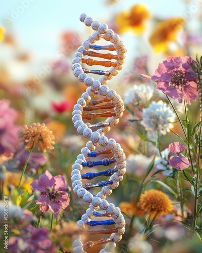 DNA Helix Surrounded by Colorful Wildflowers in Beautiful Landscape