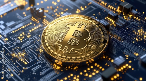 Golden Bitcoin Coin on Circuit Board