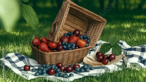 Picnic basket with strawberries, blueberries, and cherries spilling onto a checkered blanket in a green park